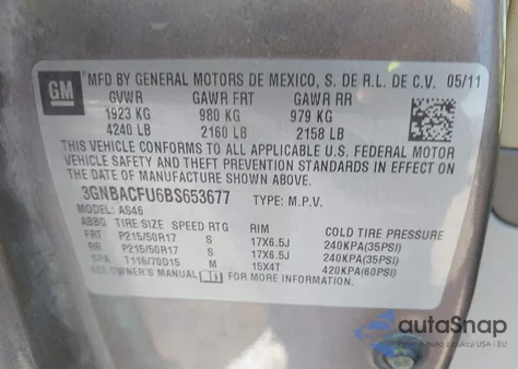 2011 Chevrolet Hhr Lt из США, поврежденный, VIN 3GNBACFU6BS653677